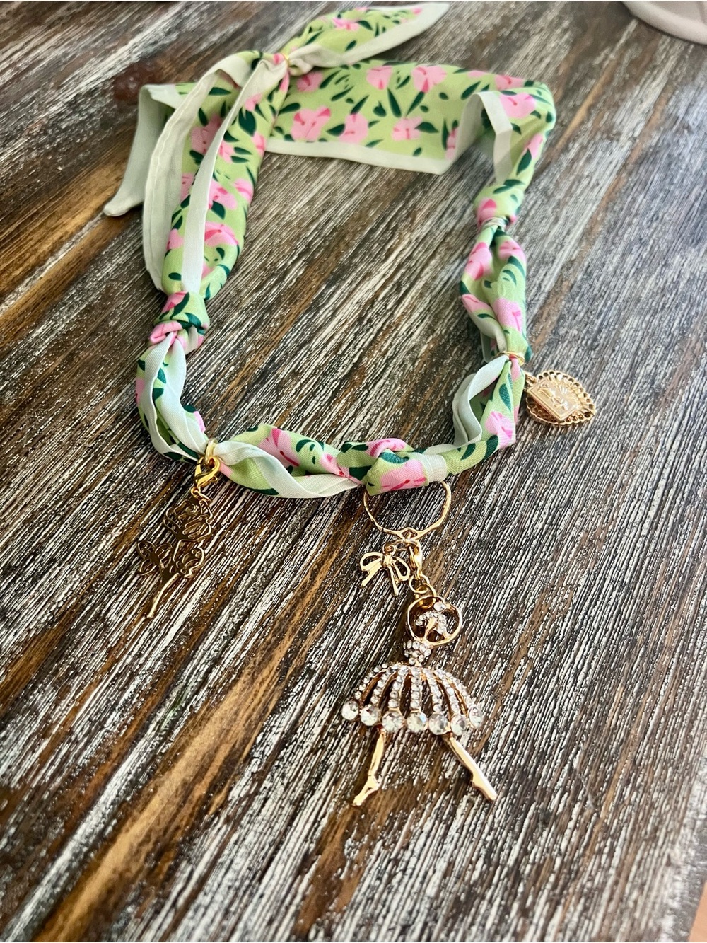 Tiny Dancer - Floral Pink & Green Scarf Necklace with Ballerina Charm